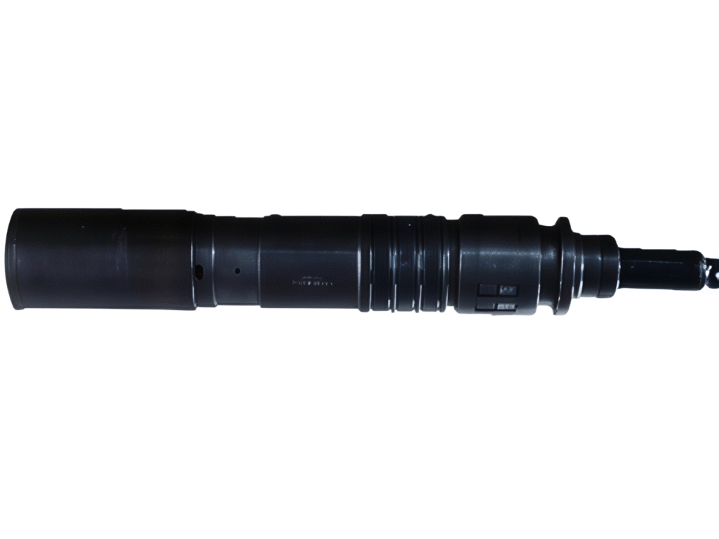 Real image of an anti-clogging twilled weave screen pipe component, featuring a black metal housing with threaded connections and control buttons, used in oilfield or industrial filtration systems.