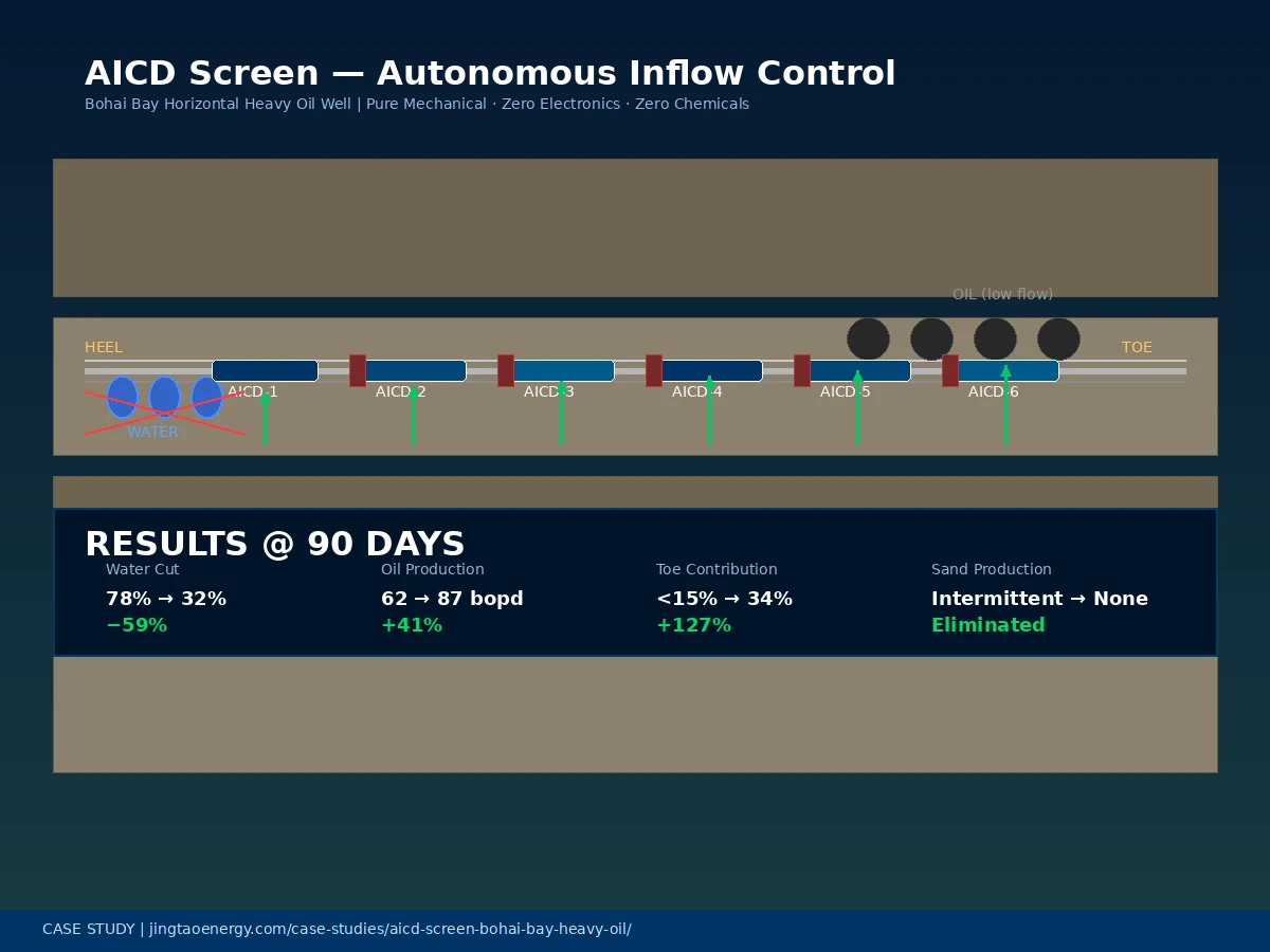 AICD Screen downhole completion diagram showing horizontal well with 6 autonomous inflow control devices eliminating water breakthrough at the heel and balancing oil production across the lateral section. Bohai Bay heavy oil well.