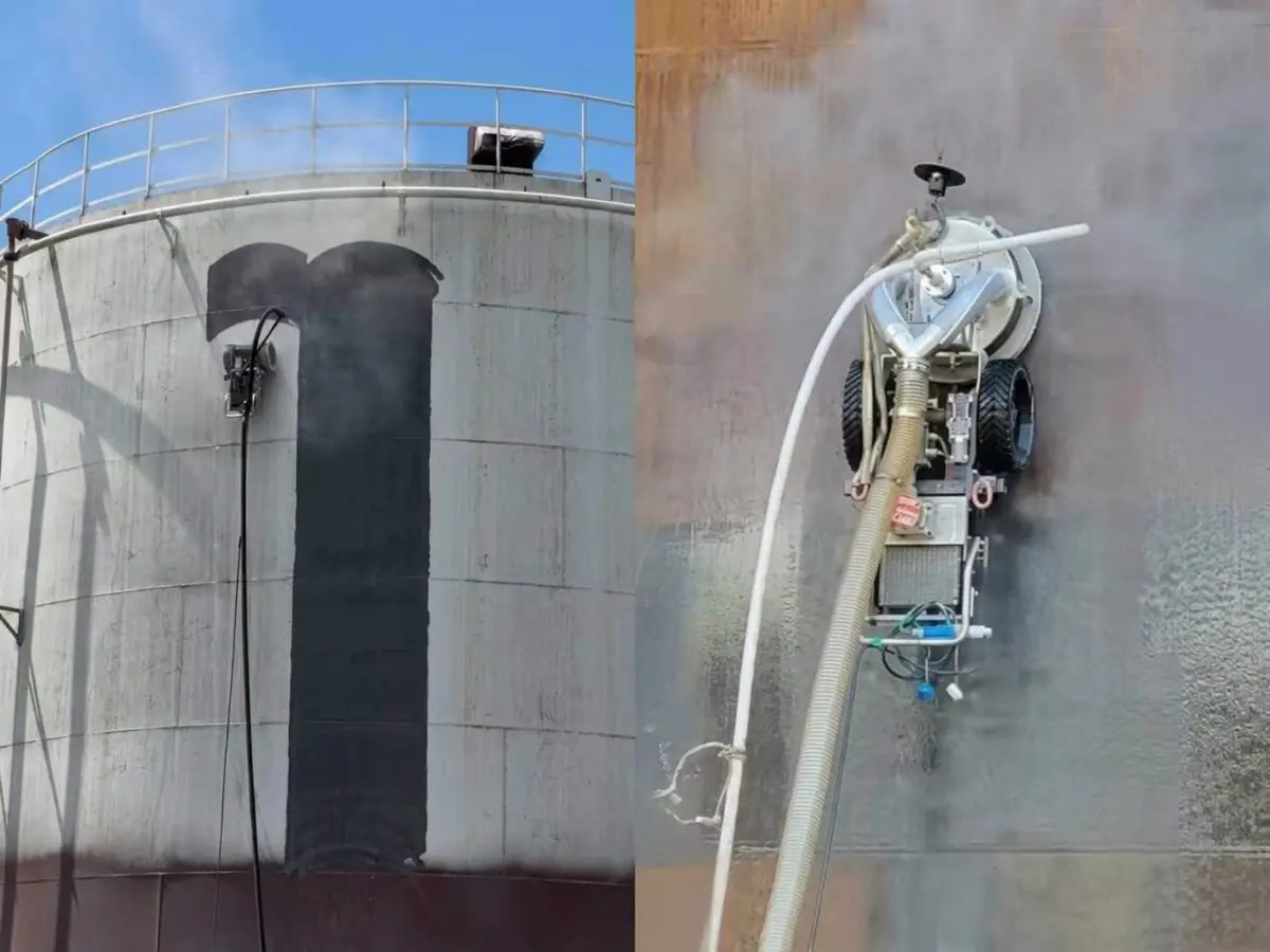JT-1 wall-climbing robot dry blasting vs ultra-high-pressure water jetting comparison for industrial storage tank maintenance — 280 MPa UHP, SA 2.5 surface quality, explosion-proof certified, 600 mm manway access, magnetic chassis — Jingtao Energy industrial robotics