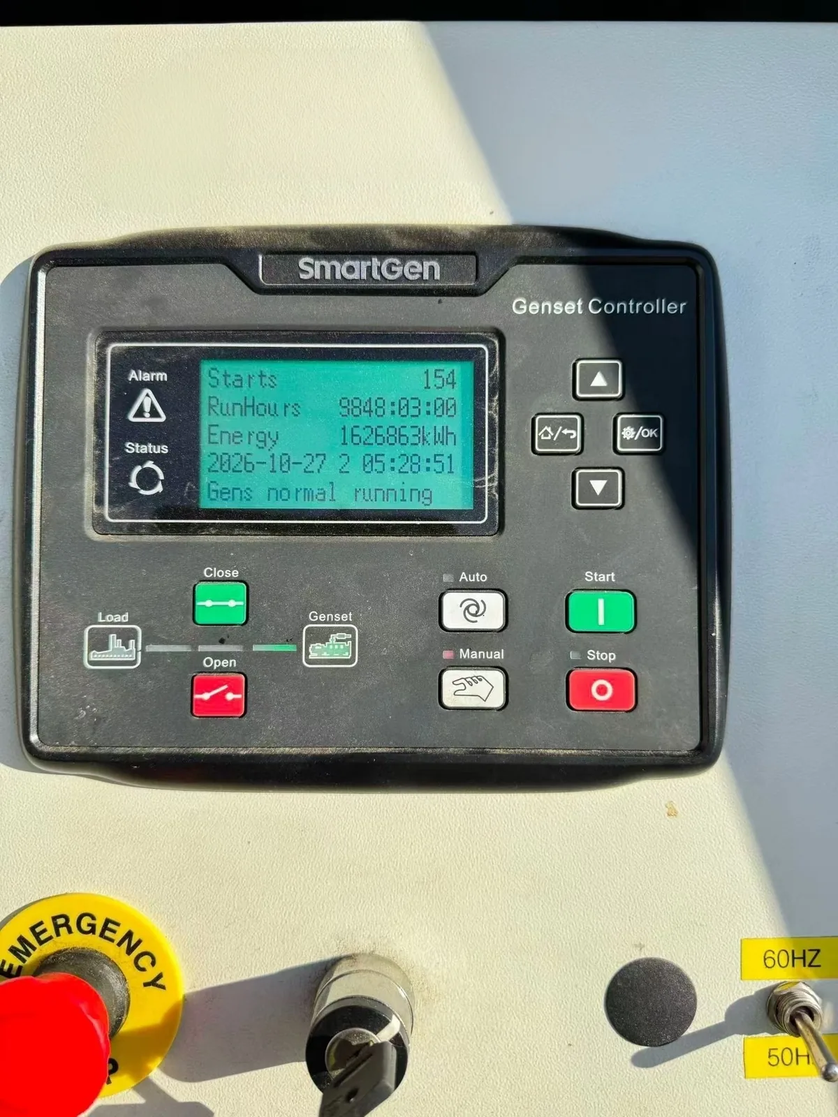 The unit’s own hour meter, 27 October 2026: 9,848 run hours and 1,626,863 kWh.